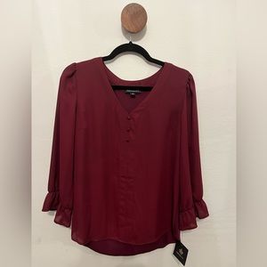 Fortune + Ivy Collin Mixed Material Ruffle Sleeve Blouse, Burgundy